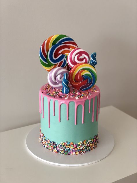 lollipopcake 10thbirthdaycake dripcake brightcake sprinklecake Rainbow Lollipop Cake, Lollipop Cake Birthday, Lollipop Cakes, Cake Lollipops, Latest Birthday Cake, Lolly Cake, Lollipop Birthday, Candyland Cake, Lollipop Cake