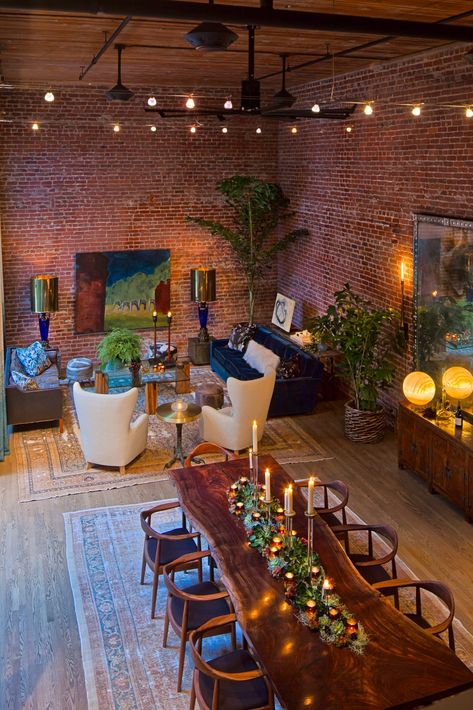 Brick Wall Loft Decor, Brick Wall Apartment Loft Style, Exposed Brick Studio Apartment, Brickwall Interiors, Red Brick Wall Interior, Moody Loft, Exposed Brick Walls Living Room, Brick Loft Apartment, Brick Wall Dining Room