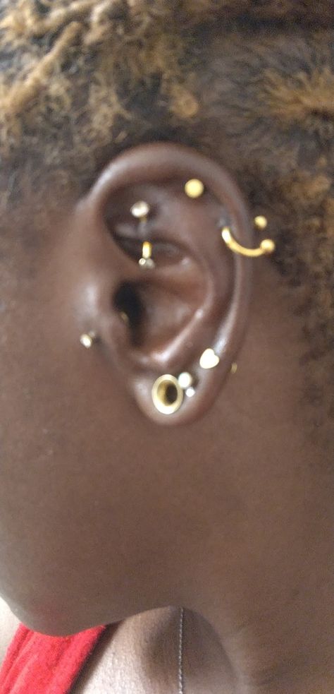 Stretched Ears Black Women, Small Stretched Ears, Stretch Ears, Gold Gauges, Ear Stretching, Multiple Ear Piercing, Earring Inspo, Artsy Jewelry, Helix Piercings