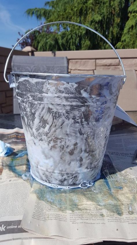 Transform Galvanized Metal To Get The Aged Look Painting Galvanized Metal Diy, How To Age Tin Galvanized Metal, How To Age Galvanized Metal, Metal Bucket Ideas, Making Galvanized Metal Look Old, Small Galvanized Bucket Ideas, Transfer Tips, Galvanized Metal Bucket, Elegant Fall Wreaths