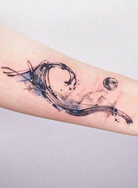 Oceanography Tattoo, Waves On Wrist Tattoo, Ocean Music Tattoo, Water Based Tattoos, Water Themed Tattoos For Women, Water Forearm Tattoo, Ocean Tatoos Woman, Black And White Ocean Tattoo, Dolphin Wave Tattoo