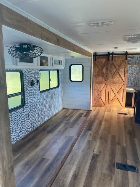 Older Camper Renovation, Camp Trailer Living, Trailer Floor Replacement, Rv Rustic Remodel, Remodeled Campers Ideas, Driving Camper Remodel, Boho Farmhouse Camper, Rustic Trailer Remodel, Western Camper Remodel Rustic