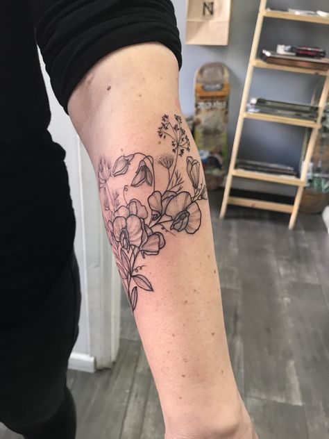 Sweet Pea Floral Tattoo, Sweet Pea Sleeve Tattoo, Sweet Pea And Rose Tattoo, Sweet Pea Wrap Around Tattoo, Sweet Pea Shoulder Tattoo, Sweat Pea And Daisy Flower Tattoo, Pea Plant Tattoo, Sweet Pea Vine Tattoo, Sweetpea And Daisy Tattoo