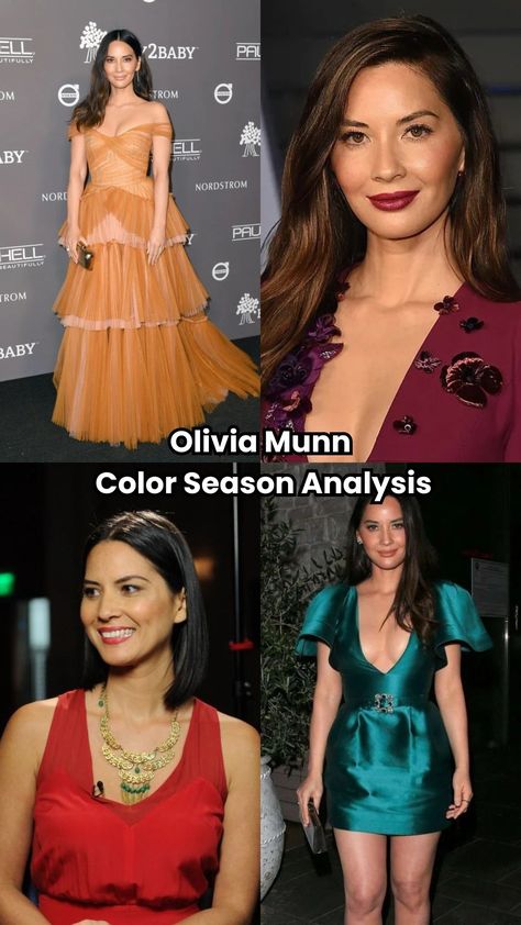 Olivia Munn color season explored: Analyzing her unique features, past style, and why she might be a specific season. Dark Autumn Celebrities, Color Season Analysis, Dark Autumn Color Palette, Season Analysis, Olivia Munn Style, Mastectomy Scars, Cinnamon Hair Colors, Body Shape Guide, Autumn Color Palette