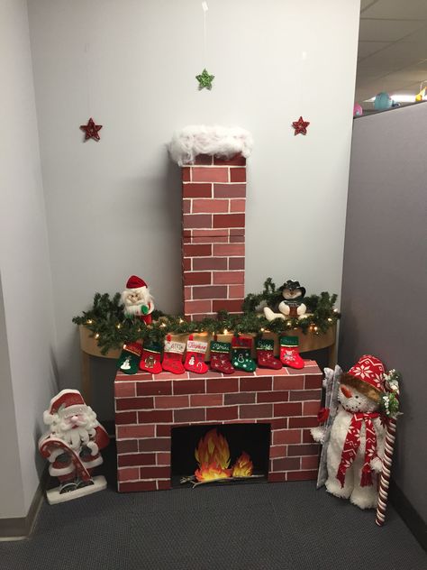 Fake chimney Chimney Diy Christmas, Chimney Painting Ideas, Cardboard Chimney Diy, Christmas Chimney Bulletin Board Ideas, Fake Chimney For Christmas, Cardboard Chimney, Cardboard Chimney Christmas, Box Chimney Christmas, Diy Christmas Fireplace Cardboard