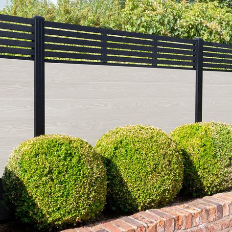 Grey Fences, Fence Planning, Stone Fence, Concrete Posts, Dark Panels, Composite Fence, Fence Slats, Fence Screening, Types Of Fences