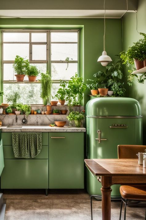 Green kitchen Avocado Green Kitchen, Kitchen Reference, Eccentric Kitchen, Navy Blue Furniture, Kitchen Bohemian, 70s Kitchen, Eclectic Kitchen, Photoshoot Inspo, Green Decor