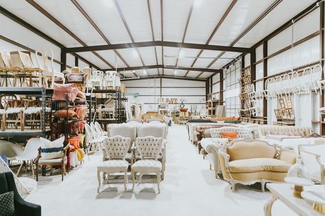 Event Storage Ideas, Staging Warehouse Organization, Furniture Warehouse Showroom, Event Rental Warehouse, Event Rental Showroom Design, Furniture Rental Business, Warehouse Storage Ideas, Wedding Rental Business, Staging Warehouse