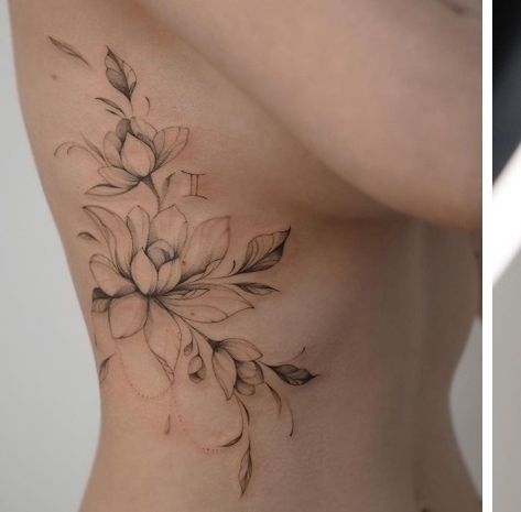 Feminine Thigh Tattoos, Flower Hip Tattoos, Side Tattoos Women, Stomach Tattoos Women, Tato Minimal, Rib Tattoos For Women, Hip Thigh Tattoos, Hip Tattoos Women, Thigh Tattoos Women