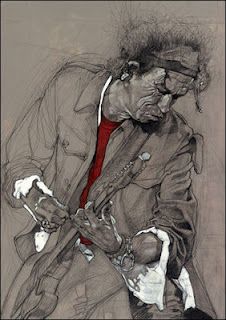 Keith Richards Art "Performing Keith" by Sebastian Kruger ~ Strat-O-Blogster Guitar Blog Guitarist Drawing, Rock Music Art Drawing, Keith Richards Poster, Ronnie Wood Art, Keith Richards Caricature, Guitarist Caricature, Ronnie Wood, Caricatures, Keith Richards