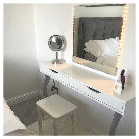 IKEA hack. Ekby Alex shelf with Kolja mirror and dioder lights Vanity Ikea Hack, Makeup Vanity Ikea, Vanity Ikea, Ikea Makeup Vanity, Makeup Vanity Ideas Bedrooms, Ikea Makeup, Ikea Vanity, Vanity Inspiration, Shelf Vanity