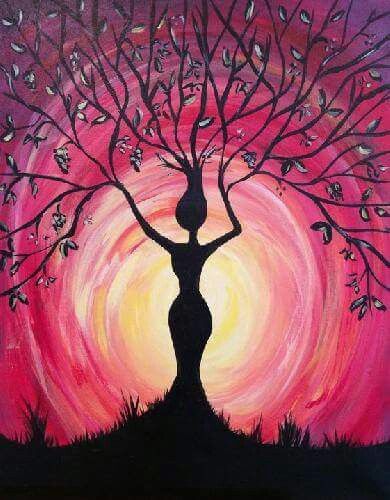 Tree of life Goddess Silhouette, Easy Nature Paintings, Tree Goddess, Pittsburgh Paint, Sun 7, Easy Landscape Paintings, Easy Flower Painting, Mountain Landscape Painting, Paint Nite