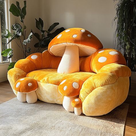 The Fungi Couch is a whimsical, mushroom-inspired piece with a plush, rounded design and soft, velvety upholstery. Its base mimics a mushroom stem, blending nature and comfort into a cozy, eye-catching addition to any space. Conceptual AI Art Follow @ecosapiens for more! Mushroom Couch, Mushroom Stem, Mushroom Chair, Mushroom Stool, Room Aesthetics, Funky Furniture, Round Design, Bedroom Styles, House Inspiration