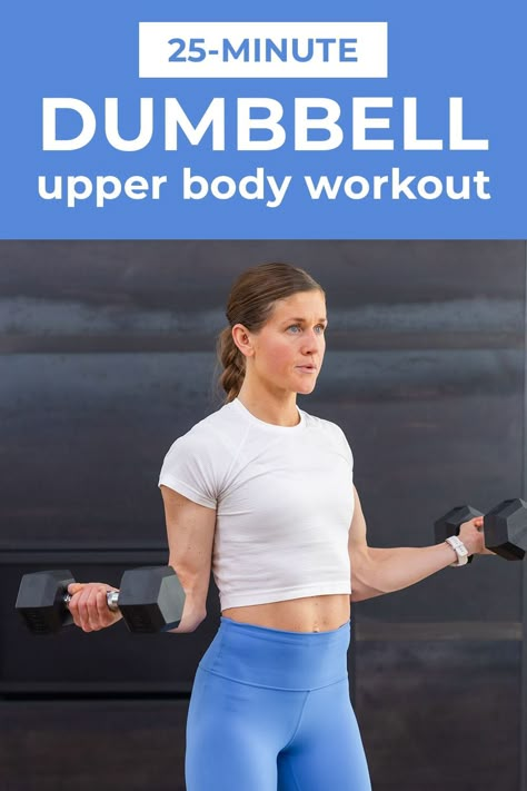 Build strength, definition and muscle tone in the upper body with this dumbbell workout routine: the 7 best dumbbell arm exercises. We love this strict-set format for pushing each muscle group to fatigue, resulting in muscle growth. This is a complete upper body workout, targeting the biceps, triceps, back, chest and shoulders in under 30 minutes. 30 Minute Upper Body Workout, Upper Body Workout Dumbbell, Women Upper Body Workout, Dumbbell Upper Body Workout, Upper Arm Exercises, Strength Definition, Dumbbell Workout Routine, Upper Body Dumbbell, Arm Workout For Women