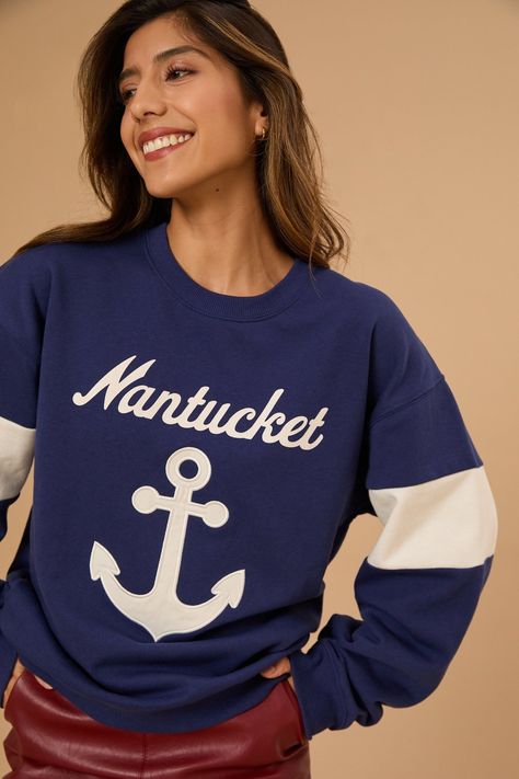 Nantucket Graphic Sweatshirt in Navy Blue | Altar'd State Anchor Graphic, Swimwear Trends, Cardigan Crop, Cozy Pullover, Set Sail, Altar'd State, Shop Maxi Dresses, Nantucket, New Tops