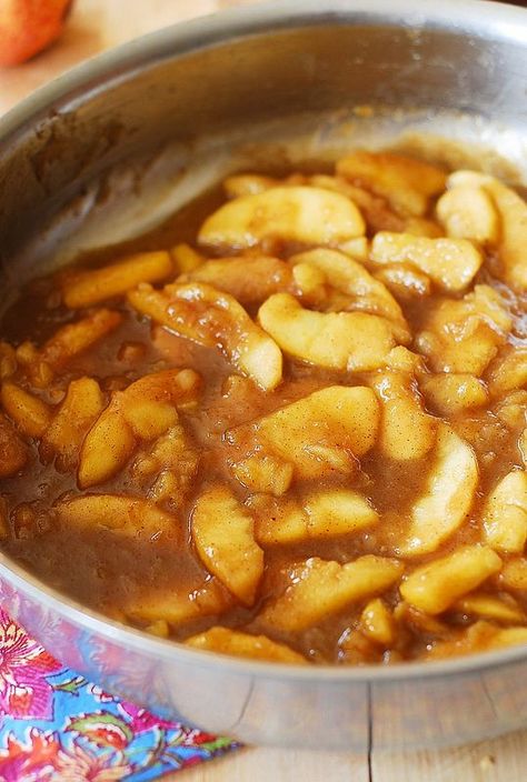 Sweet cooked apples with cinnamon, nutmeg and vanilla! Great for breakfast as a topping over pancakes, waffles, or oatmeal. They also make a wonderful dessert with vanilla ice cream! | JuliasAlbum.com | Christmas recipes, Holiday recipes Apples With Cinnamon, Crisp Topping, Crepes Filling, Cooked Apples, Hash Browns, Caramel Apple, Apple Crisp, Vanilla Ice, Caramel Sauce