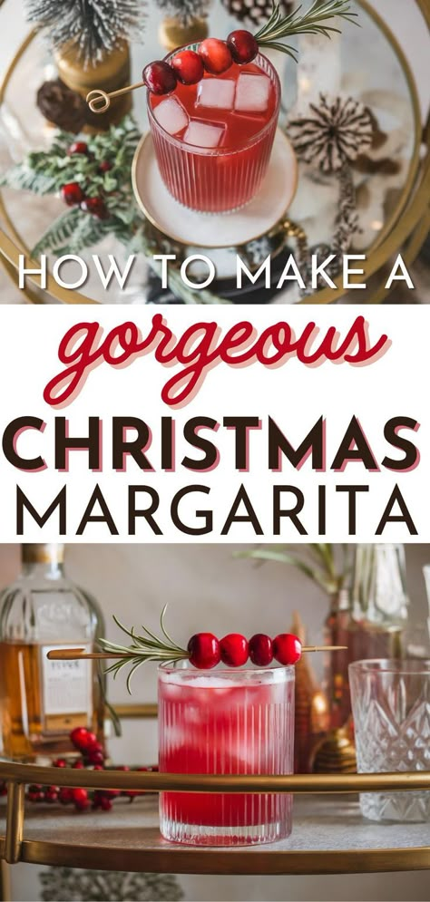 A cranberry Christmas margarita served on a stylish bar cart, featuring a festive garnish ideal for seasonal parties and cocktail lovers. Drinks For Christmas Party, Christmas Party Cocktails, Drinks For Christmas, Holiday Margaritas, Christmas Margarita, Mixology Recipes, Cocktail Recipes Tequila, Cocktails To Make At Home, Cranberry Christmas