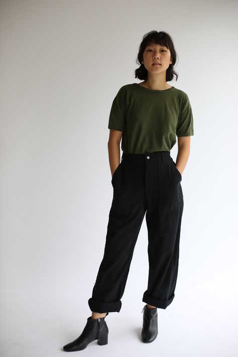 Vintage high rise workwear Pants with a hidden button fly, belt loops, two front flat pockets, one back left pocket, waist size adjuster. Fall 18 Jet Black Color. **Fabric is lightweight and is best layered over leggings or long underwear in colder climates ** Limited Quantities. Maker: MilitaryMa Womens Masculine Fashion, Comfortable Edgy Style, Enby Outfits Work, Fall Hipster Outfits Women, Construction Project Manager Outfit Women, Gender Neutral Office Outfits, Gender Neutral Outfits Adults, Androgynous Office Wear, Young Professor Outfit Women