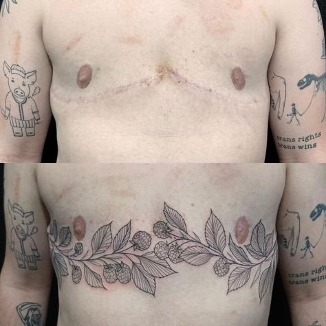 Trans Men Chest Tattoos, Trans Flag Tattoo, Trans Pride Tattoo, Trans Masc Tattoo, Chest Surgery Tattoo, Subtle Trans Tattoo, Tattoos To Cover Top Surgery Scars, Ftm Top Surgery Scar Tattoo, Trans Chest Tattoo