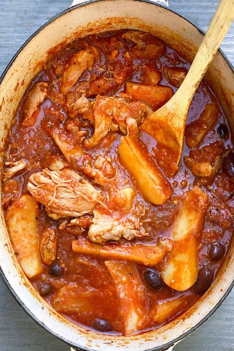 An easy and super delicious one pot dinner recipe. Greek chicken and potatoes stew!   #GreekChicken #GreekPotatoes #ChickenAndPotatoes #ChickenStew #EasyRecipe Potatoes In Tomato Sauce, Chicken Tomato Recipe, Chicken And Tomato Recipes, Chicken Stew With Potatoes, Stew With Potatoes, Greek Chicken And Potatoes, Greek Spices, Canned Plums, Chicken And Potato