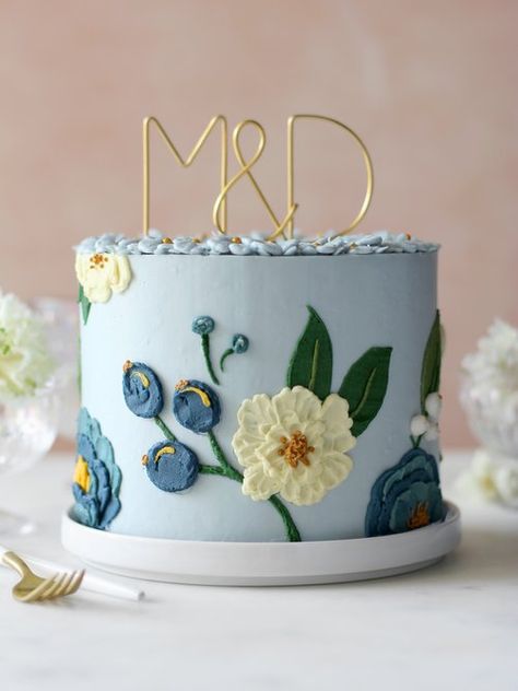 Cakes — Alexa S. Curto Cake Blue Flowers, Blue Floral Cake Design, Dark Blue Cake With Flowers, Chinese Cake, Summer Baking, New Cake, Just Cakes, Floral Cake, Cute Desserts