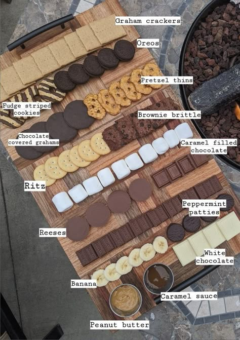 S’mores Fondue, S'mores Platter, S’mores Over Fire, Smores Bar Bachelorette Party, S'more Board, S’mores Charcuterie Board With Fire, S’mores Table Ideas, S’more Charcuterie Board Ideas, Smores Bar For Party