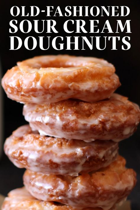 Homemade Old-Fashioned Sour Cream Doughnuts are coated in glaze and taste just like the cakey ones at your favorite bakery! No yeast makes this fried recipe simple. #oldfashioneddonut #sourcreamdoughnut Cake Donuts Baked Old Fashioned, Homemade Donuts Recipe No Yeast, Sour Cream Donuts Old Fashioned, Buttermilk Donuts Old Fashioned, Long John Donut Recipe, Cream Filled Donut Recipe, Baked Sour Cream Donut Recipe, Donut Recipe No Yeast, Homemade Glazed Donuts