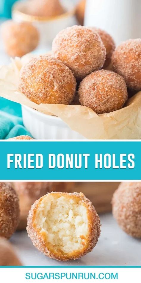 This is an easy, from-scratch, no-yeast donut hole recipe! They make a great quick & easy breakfast treat or snack! These take just minutes to whip up for the best fried donut holes you’ve ever tasted! Doughnut Recipe Without Yeast, Fried Donut Holes, Donut Recipe Without Yeast, Donut Recipe No Yeast, Dessert Trifles, Easy Donut Holes, Donut Recipe Fried, Deep Fried Donuts, Sugar Donuts Recipe