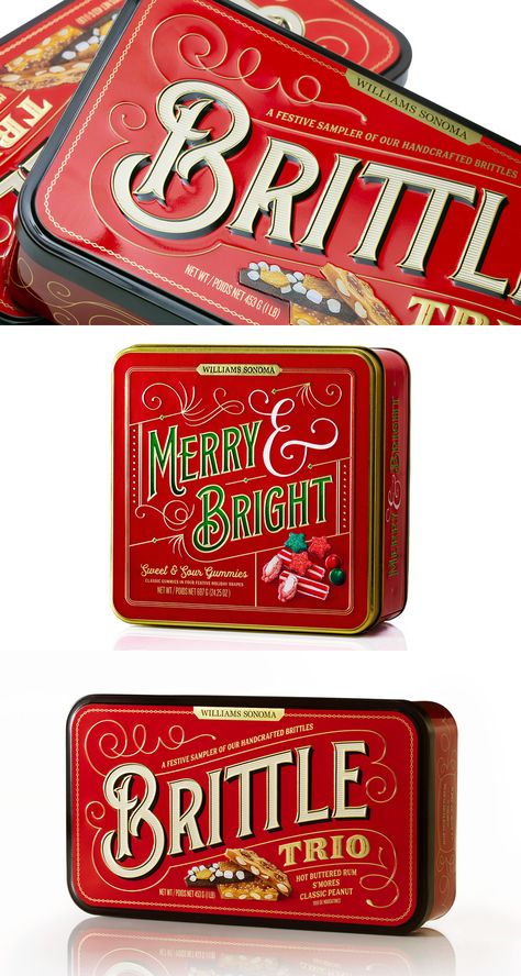 Christmas Candy Packaging, Vintage Chocolate Packaging, Vintage Candy Packaging, Christmas Box Design Packaging, Christmas Packaging Design Inspiration, Christmas Food Packaging, Tin Packaging Design, Candy Typography, Cookie Packaging Design