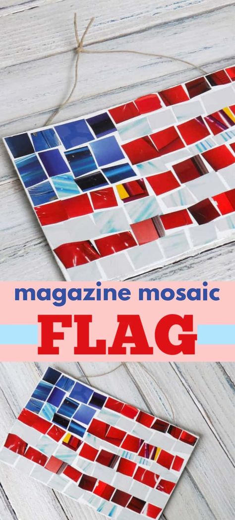 Made from recycled magazines, this magazine mosaic flag is a fun art activity that kids will love. Showing your patriotism is not just reserved for adults, kids love showing off their USA pride too! #4thofjuly #fourthofjuly #4thofjulycrafts #kidscrafts #mosaiccrafts #holidaycrafts #craftsbyamanda Party In The Usa Activities For Kids, Us Flag Craft, Veterans Day Crafts For Adults, Usa Themed Crafts, Party In The Usa Crafts For Kids, Kids Patriotic Crafts, Usa Art Projects For Kids, American Flag Art For Kids, Magazine Crafts For Kids