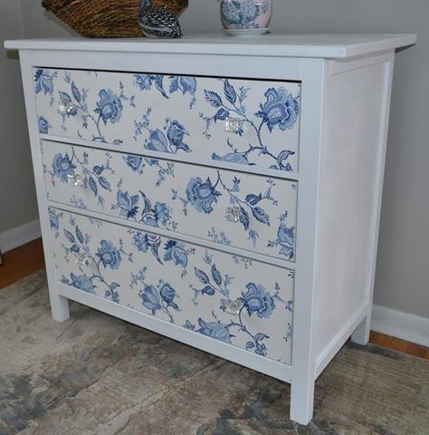 ikea hack, decoupage, painted furniture Upcycled Furniture Before And After, Refurbishing Furniture, Ikea Furniture Hacks, Ikea Hemnes, Painted Drawers, Decoupage Furniture, Wallpaper Furniture, Diy Furniture Renovation, Talk Of The Town