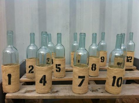 Restaurant Table Numbers, Wine Bottle Table, Flower Holders, Container Restaurant, Wine Bottle Centerpieces, Number Ideas, Paint Stencil, Bottle Centerpieces, Key West Wedding