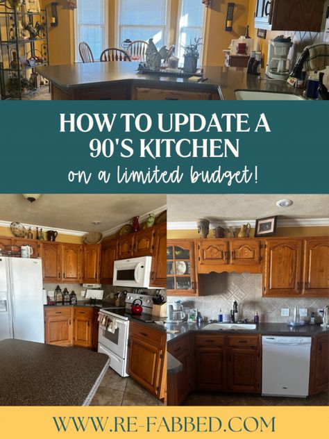 how to update a 90’s kitchen on a limited budget Paint Cabinets Kitchen, 1990s Kitchen, Old Kitchen Remodel, 90s Kitchen, 80s Kitchen, Update Kitchen, Budget Kitchen Makeover, Paint Cabinets, 90s Home