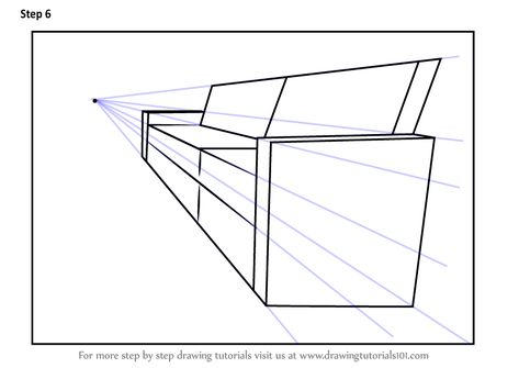 Learn How to Draw One Point Perspective Couch (One Point Perspective) Step by Step : Drawing Tutorials 1 Point Perspective Drawing Building, Furniture One Point Perspective, Couch Perspective Drawing, One Point Perspective Furniture, Drawing Of A Couch, How To Draw A Couch, Couch Drawing, Perspective Step By Step, 1 Point Perspective Drawing