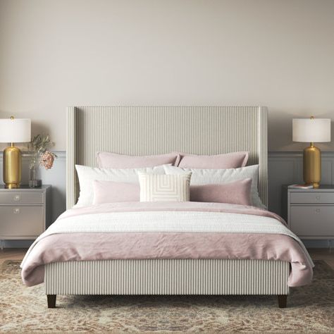 Lit Tapissier - Wayfair Canada Winged Headboard, Wingback Bed, Furniture Design Chair, King Bed Frame, Mattress Support, Upholstered Bed, Remodel Bedroom, Upholstered Platform Bed, Headboard And Footboard