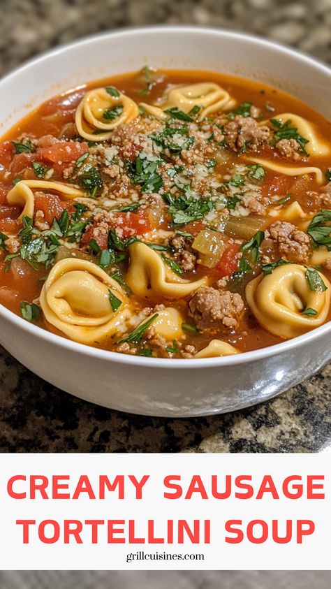 Try This easy Sausage Tortellini Soup, a one-pot meal that comes together quickly, making it ideal for busy weeknights. It’s a complete, satisfying cheap dinner that the whole family will love.You can make it in a crockpot and meal prep it.Tortellini Soup, Soup Season, winter soup, fall soup One Pot Creamy Kielbasa Tortellini, Fall Soup Recipes Tortellini, Soups Made With Tortellini, Beef Tortellini Recipes Crockpot, Pioneer Woman Tortellini Soup, Tortellini Kielbasa Soup, Cheese Tortellini Recipes Soup, Tortellini Soup Recipes Crockpot, Sausage Tortellini Soup Crockpot