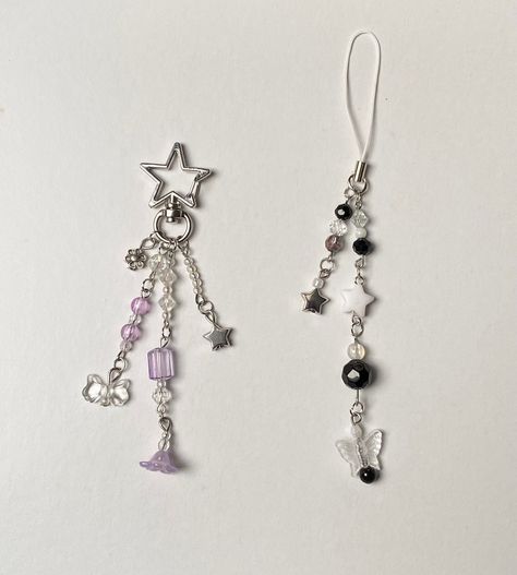 hand-made unique black and white star phone charm/strap plus a purple and clear beaded flower keyring. one of each product is available <3 Purple Phone Charm Ideas, Bead Keyring, Charm Ideas, Keychain Black, Handmade Gifts For Friends, Bracelet Inspo, Beads Ideas, Black And White Stars, Strap Phone