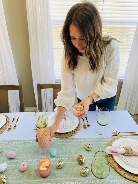 #eastertable #eastertablescape #eastertableideas Easter Hosting Ideas, Easter Tablescape Ideas, Easter Hosting, Rattan Charger, Hosting Ideas, Easter Crafts For Adults, Hosting Tips, Easter Wood Crafts, English Peas