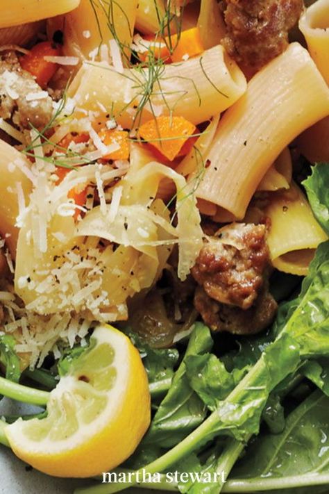 Rigatoni With Sausage And Fennel, Fall Pasta Recipes, Sausage And Fennel, Rigatoni With Sausage, Fennel Fronds, Autumn Pasta Recipes, Lemon Parmesan Pasta, Fennel Recipe, Fennel Pasta