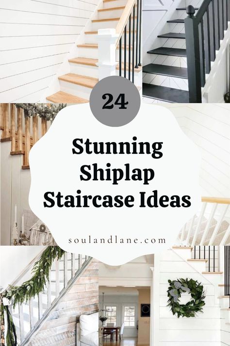 Elevate your home's aesthetic with a shiplap staircase that exudes farmhouse flair. Picture the subtle texture of shiplap panels adding depth and character to your stairwell, complemented by soft, neutral tones for a calming effect. Integrate vintage accents, like a distressed runner or antique wall sconces, to enhance the farmhouse feel. This design not only adds visual interest but also creates a cozy atmosphere, inviting you to ascend into a world where modern meets rustic in perfect harmony. Unique Stairwell Ideas, Stairs With Shiplap Wall, Modern Stairwell Design, Stair Edge Trim Ideas, Farmhouse Style Staircase, Farmhouse Staircase Makeover, Half Pace Staircase, Stairway Shiplap, Coastal Staircase Ideas