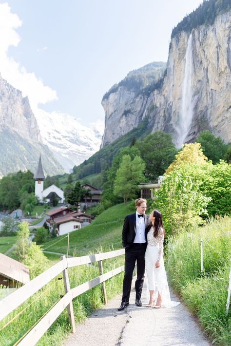 Bride and groom eloping in Lauterbrunnen, Switzerland. The bride wears Rime Arodaky Switzerland Wedding, Switzerland Elopement, Switzerland Couple Photos, Switzerland Prewedding, Winter Elopement Europe, Affordable Destination Wedding Locations, Blausee Switzerland, Elopment Wedding Switzerland, Affordable Destination Wedding