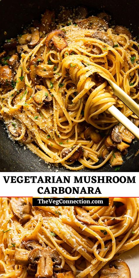 Pasta Carbonara Vegetarian, Spaghetti Carbonara Vegetarian, Vegetarian Birthday Dinner, Vegetarian Carbonara Pasta, Healthy Carbonara Recipe, Veggie Carbonara, Mushroom Carbonara Pasta, Cabonara Recipes, Vegetarian Carbonara