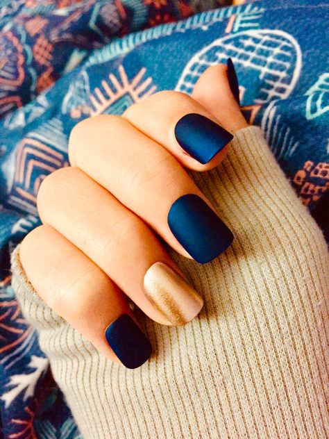 Matte Navy And Gold Nails, Matte Blue And Gold Nails, Copper And Blue Nails, Navy Blue Matte Nails Fall, Navy Matte Nails Design, Navy Blue And Gold Nails Short, Navy Blue Matte Nails Design, Navy And Gold Nail Ideas, Blue And Bronze Nails