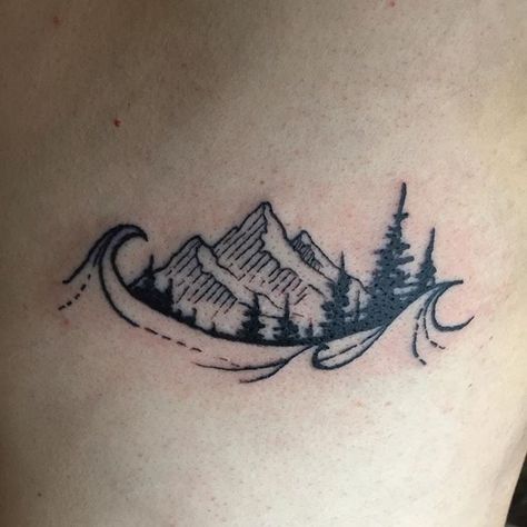 Sea To Mountains Tattoo, Mountain And Wave Best Friend Tattoo, Oregon Tattoo Ideas For Men, Mountains Beach Tattoo, Ocean Meets Mountains Tattoo, Lake And Mountain Tattoo, Oregon Tree Tattoo, Sun Mountain Wave Tattoo, Lake Scene Tattoo