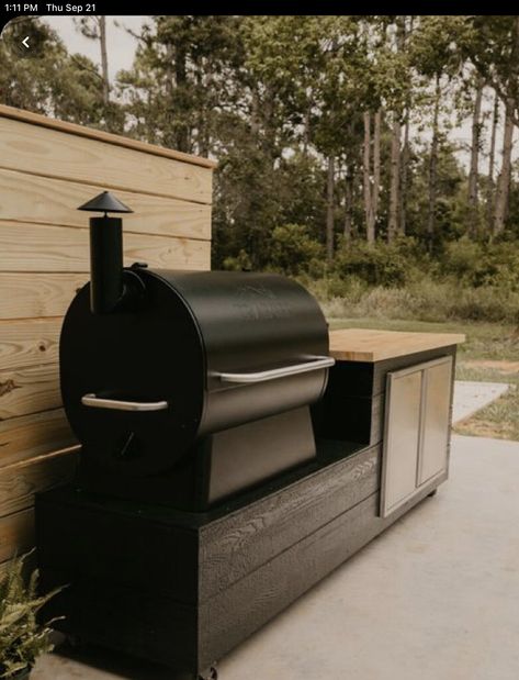 Built In Traeger, Diy Outdoor Traeger Grill Station, Charcoal Storage Ideas Bbq, Diy Bbq Island Grill Station, Grill Area With Wood Storage, Treager Outdoor Kitchen Design, Blackstone Griddle Built In Outdoor Kitchen, Outdoor Smoker, Concrete Outdoor Kitchen