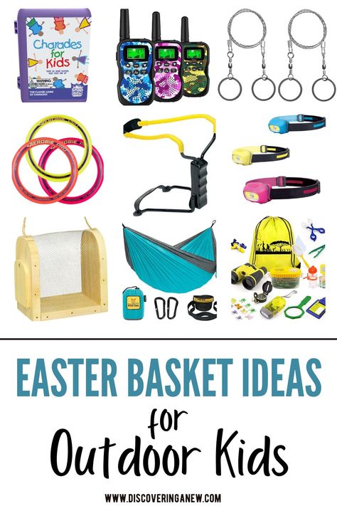 Best non candy Easter Basket ideas for outdoor kids. Get your kids active outside with these toys for camping and the backyard. These non candy Easter basket fillers will encourage children to be active and play outside in 2023. Camping Easter Basket, Outdoor Easter Basket Ideas, Non Candy Easter Basket Ideas, Natural Easter Basket, Easter Basket Toys, Charades For Kids, Easter Basket Themes, Unique Easter Baskets, Boys Easter Basket