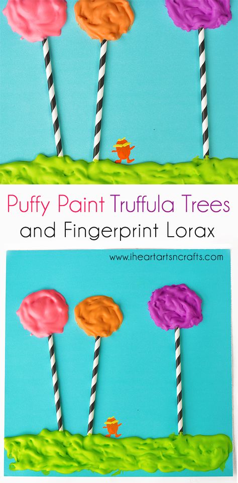 Puffy Paint Dr. Seuss Craft with Fingerprint Lorax Dr Seuss Craft, Lorax Craft, Dr. Seuss Crafts, Dr Seuss Art, Dr Seuss Preschool, Dr Seuss Activities, Dr Seuss Crafts, March Crafts, Seuss Crafts