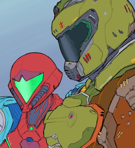 Safebooru - 1boy 1girl armor artist request breasts crossover doom (game) doom (series) doomguy gloves helmet highres looking at viewer metroid metroid dread parody power suit praetor suit samus aran simple background varia suit | 3563408 Doom Videogame, Metroid Dread, Super Smash Bros Videos, Video Game Crossover, Doom Game, Metroid Samus, Doom Slayer, Super Metroid, Slasher Horror