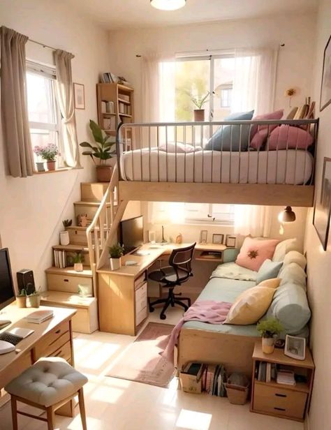 A Loft Bed, Loft House Design, Small Room Design Bedroom, Interior Design Your Home, House Floor Design, Small Apartment Design, Loft House, Small Room Design, Dream House Rooms