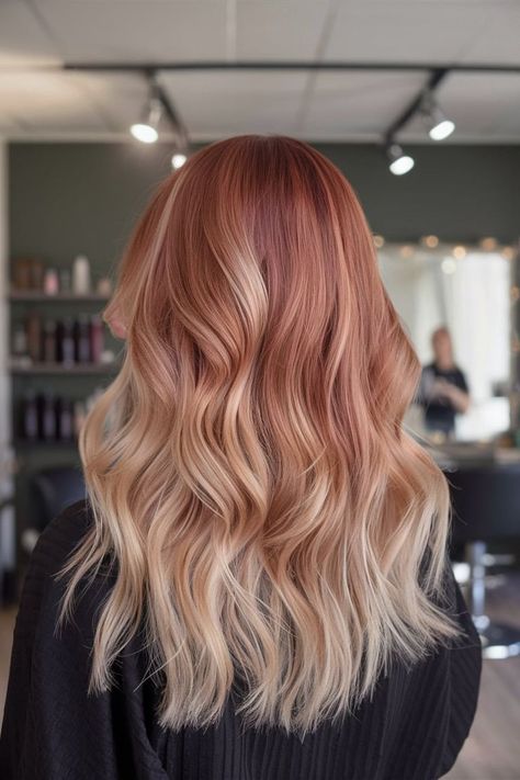 Make a bold statement this fall with a vibrant copper to blonde ombre fall haircut. The soft waves add texture and movement, creating a stunning contrast between the warm and cool tones. Perfect for those looking to stand out, this hairstyle exudes confidence and style, making it an excellent choice for the season. Copper To Blonde Ombre, Copper To Blonde, Caramel Lowlights, Short Copper Hair, Trendy Balayage, Money Piece Highlights, Brown Bob Haircut, Strawberry Blonde Ombre, Fall Haircut